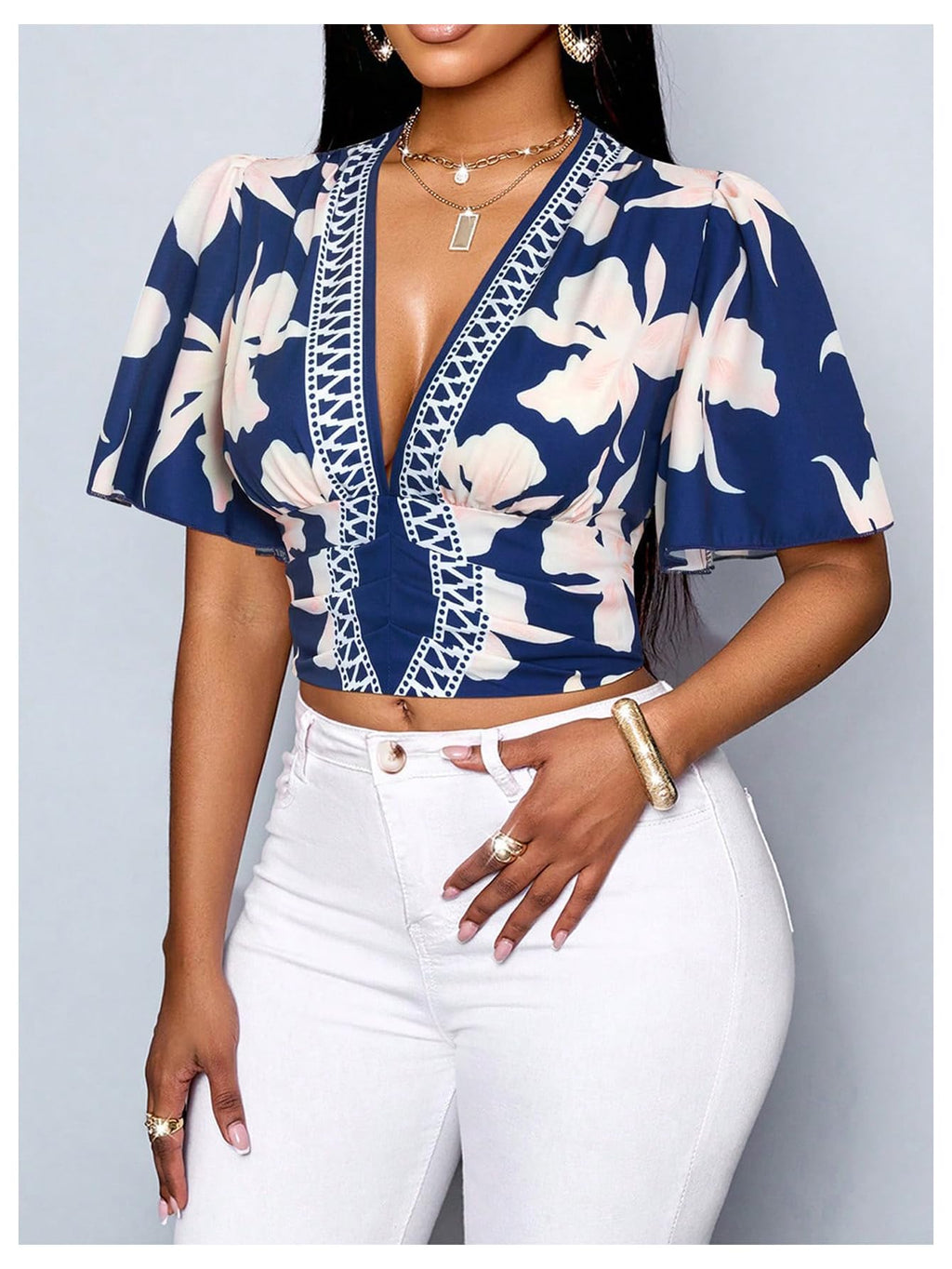 WDIRARA Women's Boho Printed Deep V Neck Short Sleeve Blouse Shirt Summer Casual Crop Tops Royal Blue
