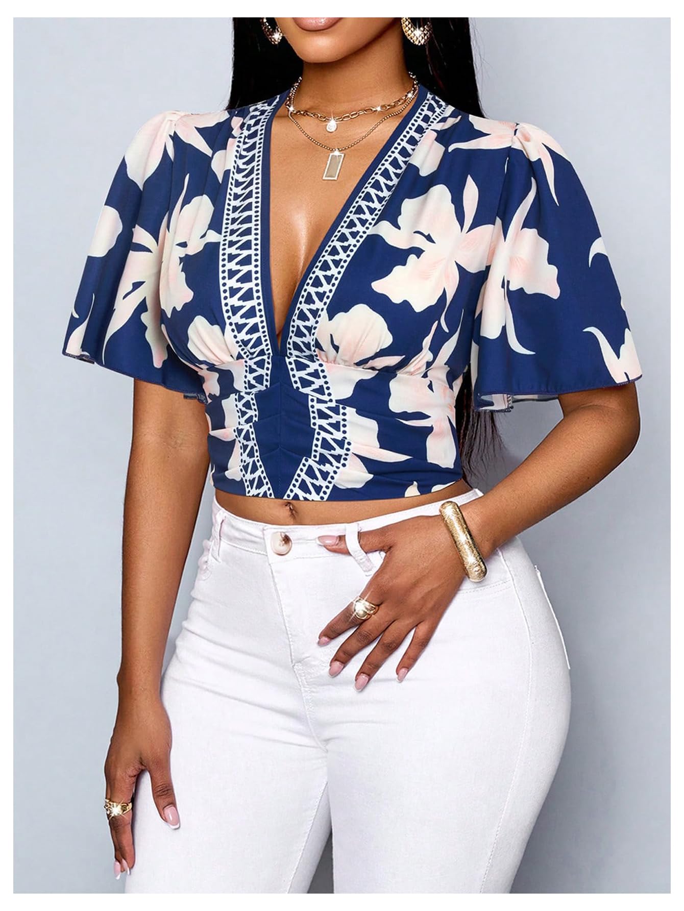 WDIRARA Women's Boho Printed Deep V Neck Short Sleeve Blouse Shirt Summer Casual Crop Tops Royal Blue