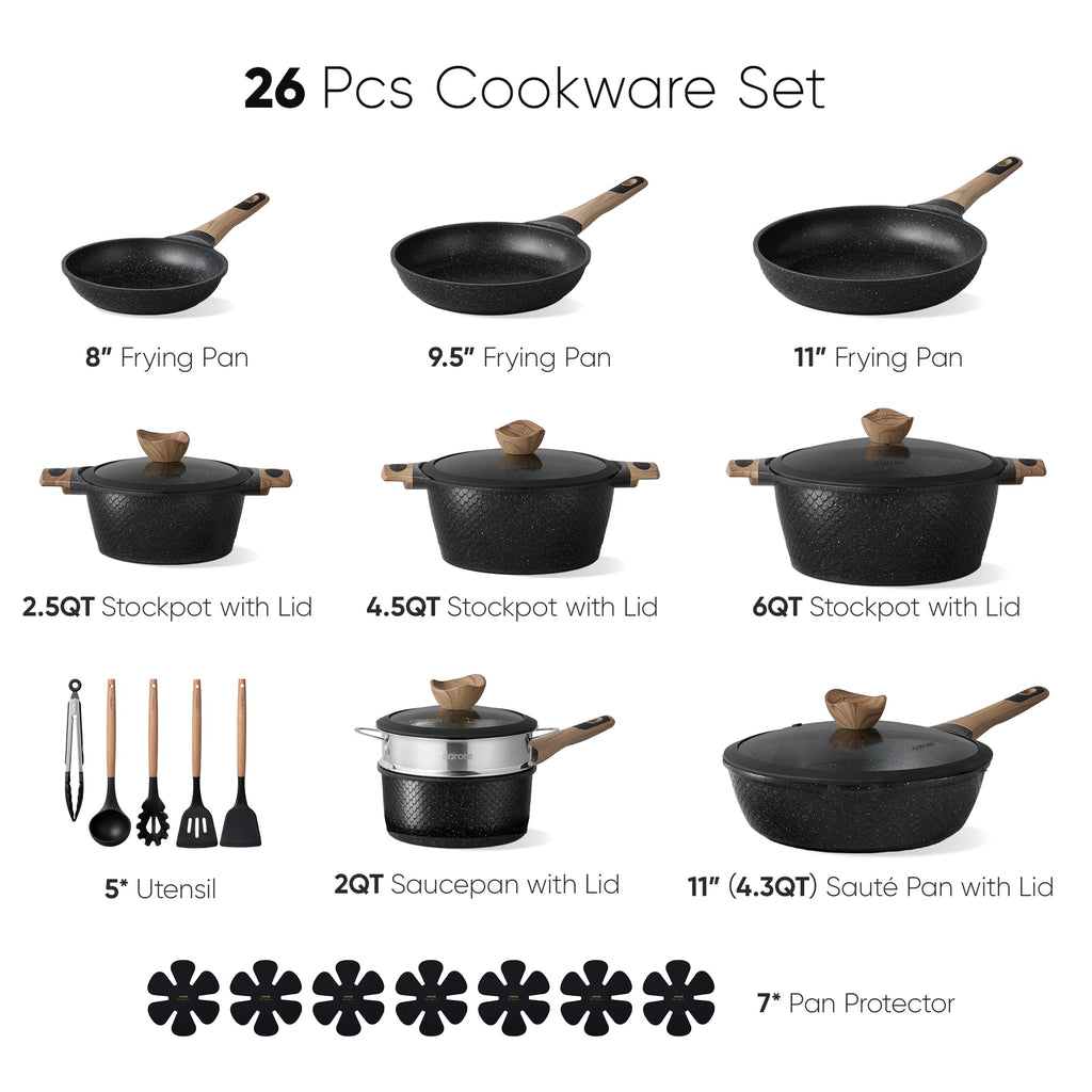 CAROTE 26PCS Pots and Pans Set Non Stick, Cookware Set Pots and Pans Induction Cook Ware, Nonstick Kitchen Cooking, PFOA Free, Black