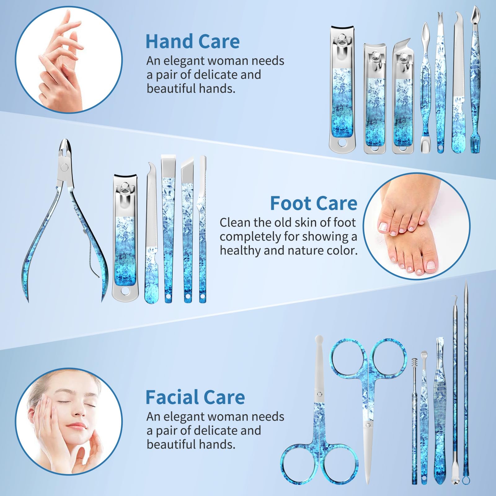 OFIDUS Nail Clippers Set, Finger and Toenail Clippers, Professional Manicure and Pedicure Set, 18 Pieces, Nail Care Tools with Luxury Travel Case (Diamond Blue)