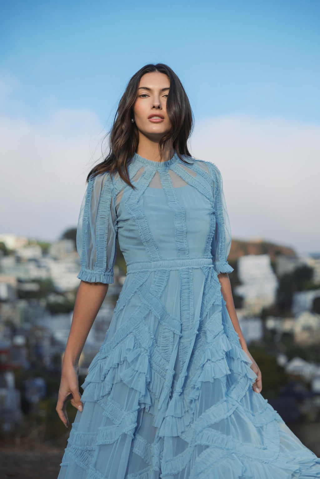 Mac Duggal Mesh Ruffle Tiered A Line Midi Dress French Blue