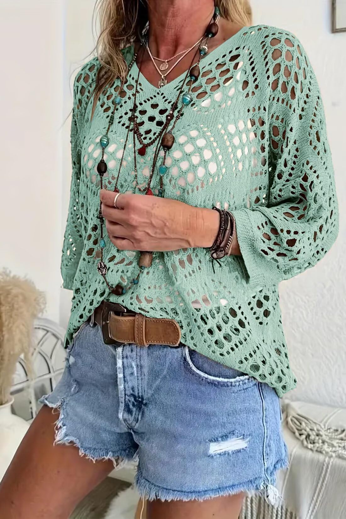 Allimy Womens Boho Crochet Tops Beach Cover Ups Summer Sweaters Blue M
