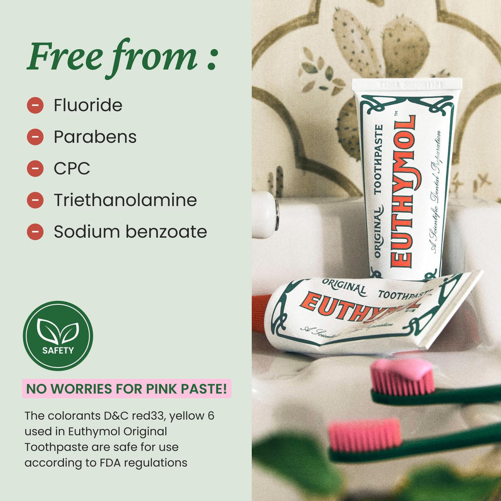 EUTHYMOL Original Pink Toothpaste (3.7fl oz*3, Pack of 3) - Fluoride-Free Toothpaste for Sensitive Teeth & Gum. Bad Breath, Cavity Prevention, 12-Hour Long Lasting Freshness with Wintergreen