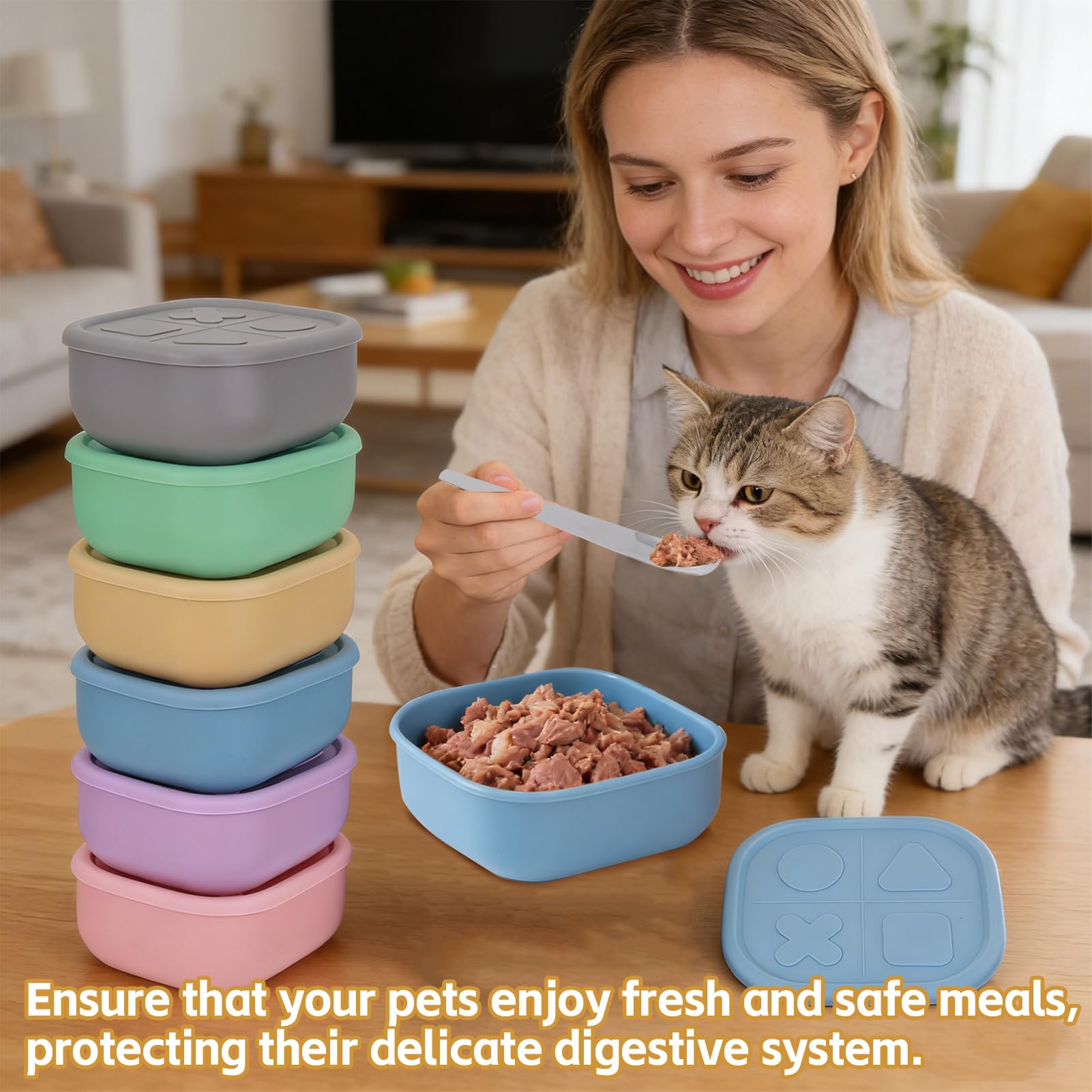 Wenceda 6 Packs Silicone Airtight Pets Food Storage Containers with Lids 12.85ozs Dog Cats Food Storage with 2pcs Steel Scoop Leakproof Meal Prep Kit for Canned Pet Food Storage
