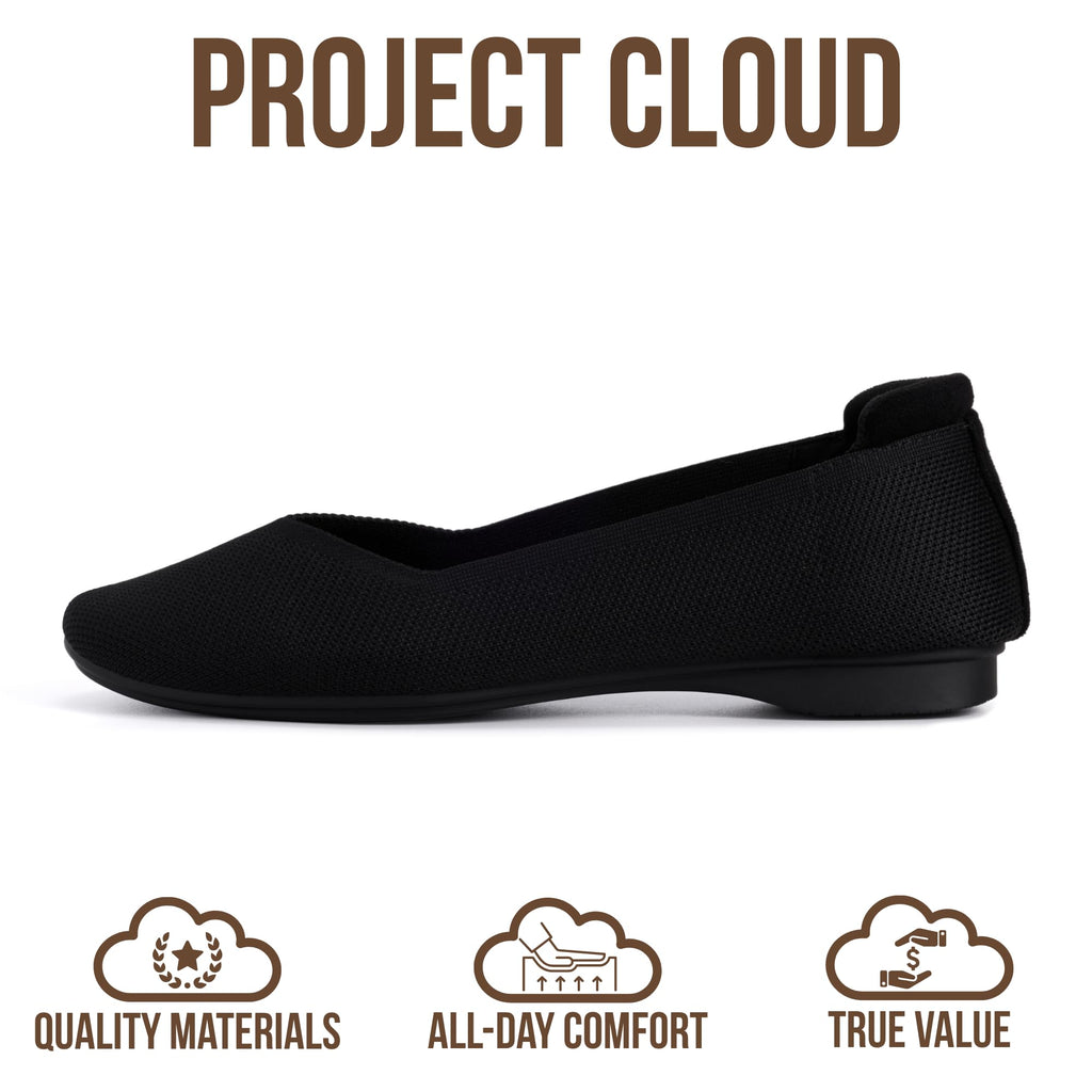 Project Cloud Womens Flats - Memory Foam Insole Ballet Flats for Women Footwear - Non Slip and Lightweight Comfortable Shoes for Women 2026 (Prospect-BLKKN,7.5M) Black Knit