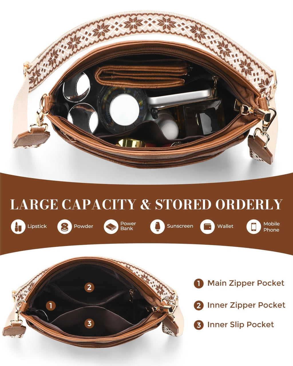 FORUWISH Crossbody Bags For Women, Vegan Leather Crossbody Purses with Boho Strap, Daily Travel Brown Shoulder Handbag
