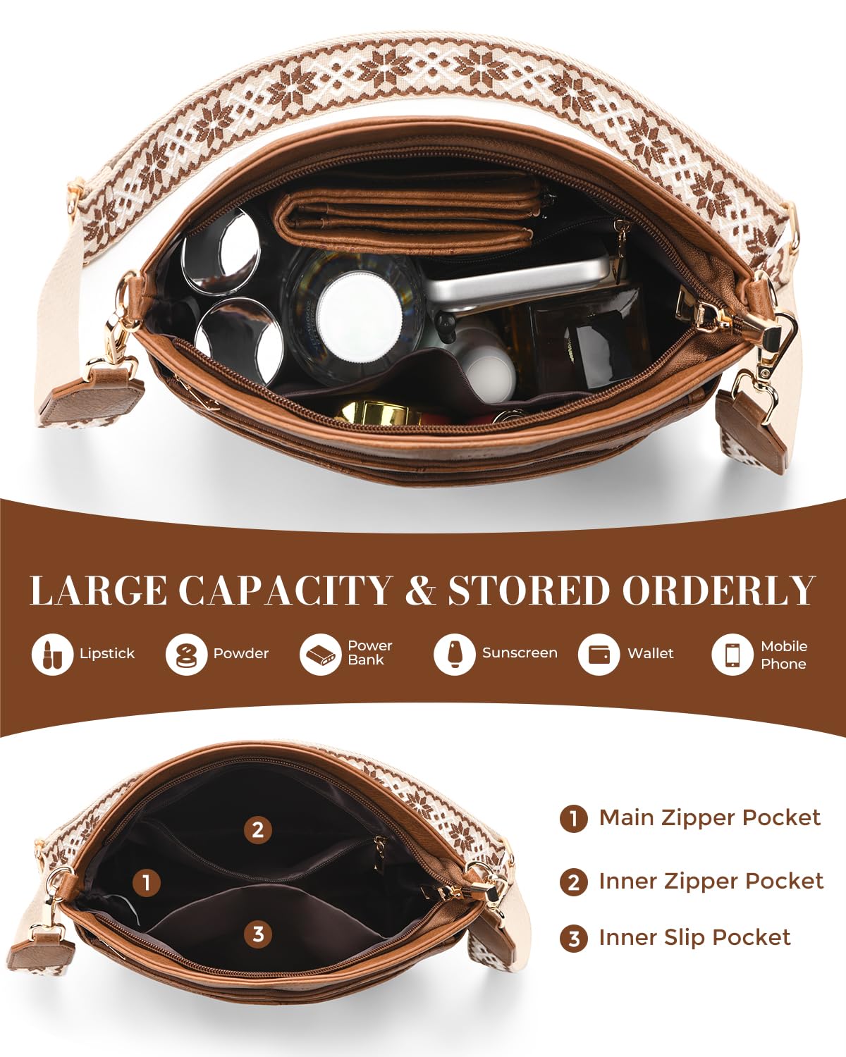 FORUWISH Crossbody Bags For Women, Vegan Leather Crossbody Purses with Boho Strap, Daily Travel Brown Shoulder Handbag