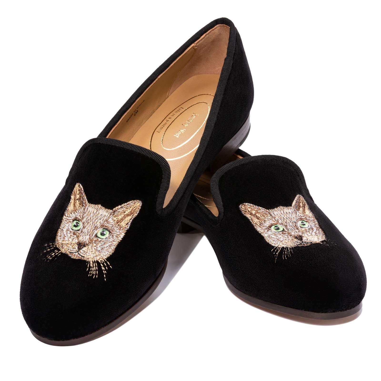 Journey West Women's Velvet Loafer Flat with Embroidery Smoking Slippers Slip on Shoes for Women Cat Black US 9.5
