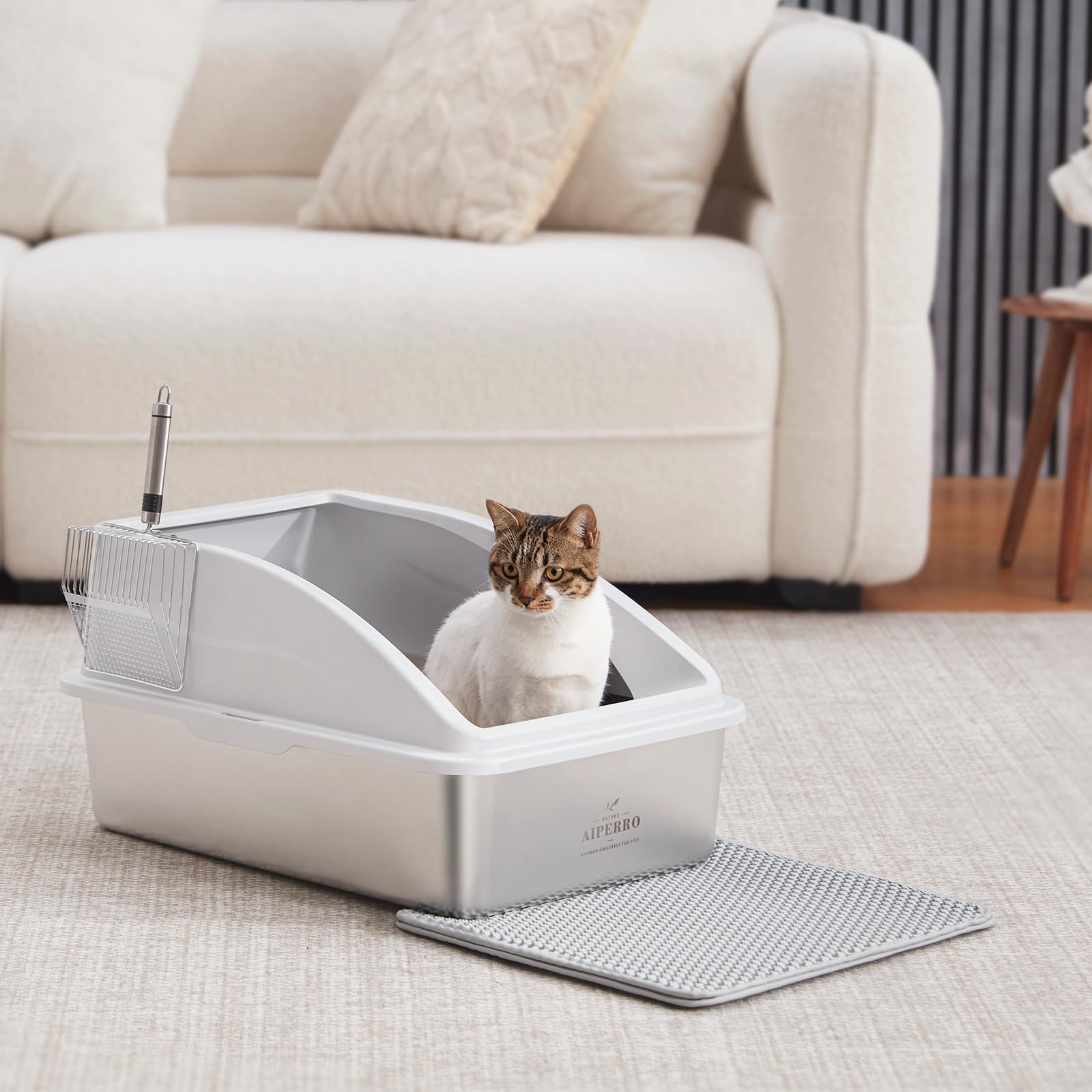 Stainless Steel Litter Box | XL Enclosed Cat Litter Boxes with Lid for Big Cats | High Sided, Anti-Urine Leakage | Non-Stick Bottom & Includes Litter Mat & Metal Scoop