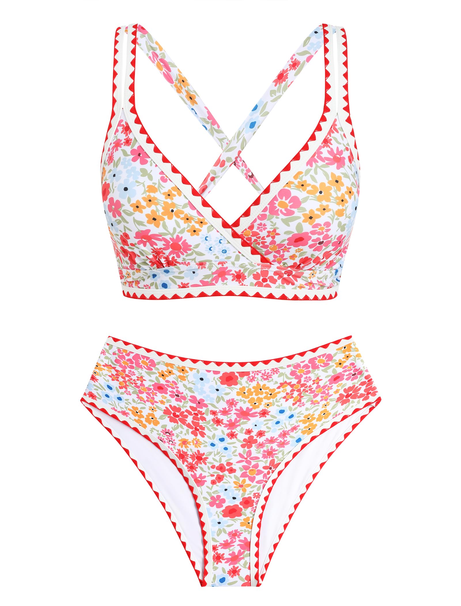 ZAFUL Womens High Waisted Bikini Sets Floral Print Whip Stitch Two Piece Swimsuit Crisscross Tie Back Bathing Suits 2026 Red Large