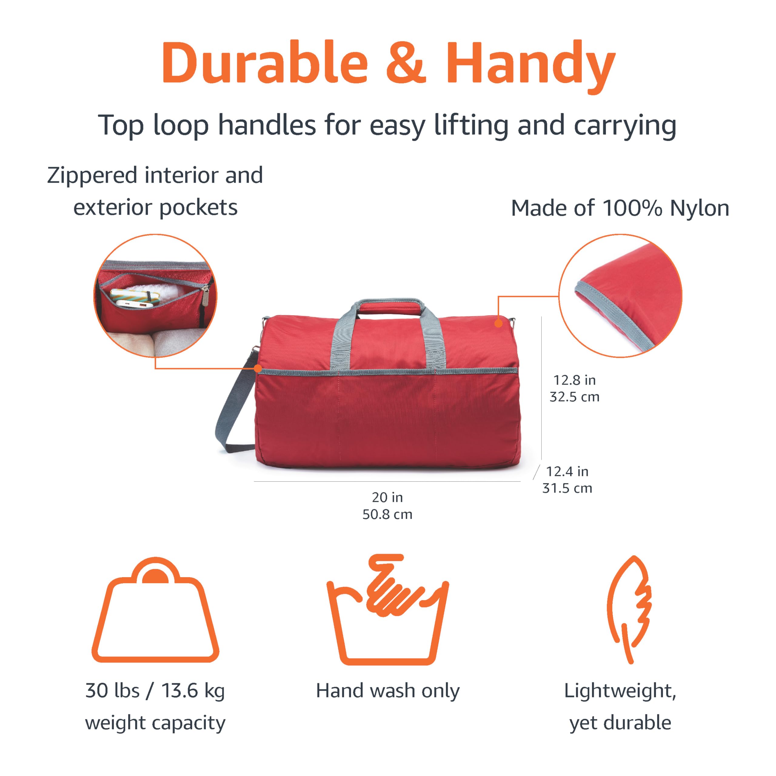 Amazon Essentials Lightweight Nylon Duffel Bag with Zippered Pockets, 20-inch, 30 lb Capacity, Red (Previously Amazon Basics)