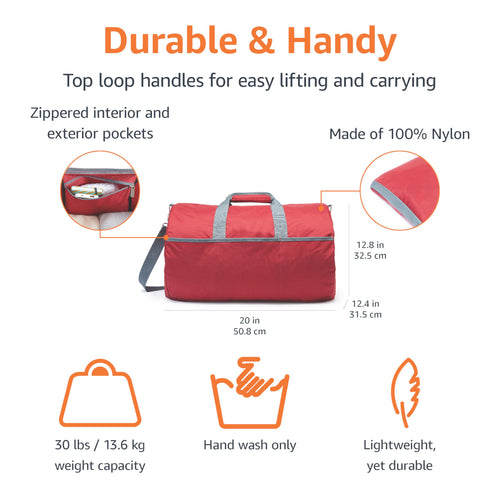 Amazon Essentials Lightweight Nylon Duffel Bag with Zippered Pockets, 20-inch, 30 lb Capacity, Red (Previously Amazon Basics)