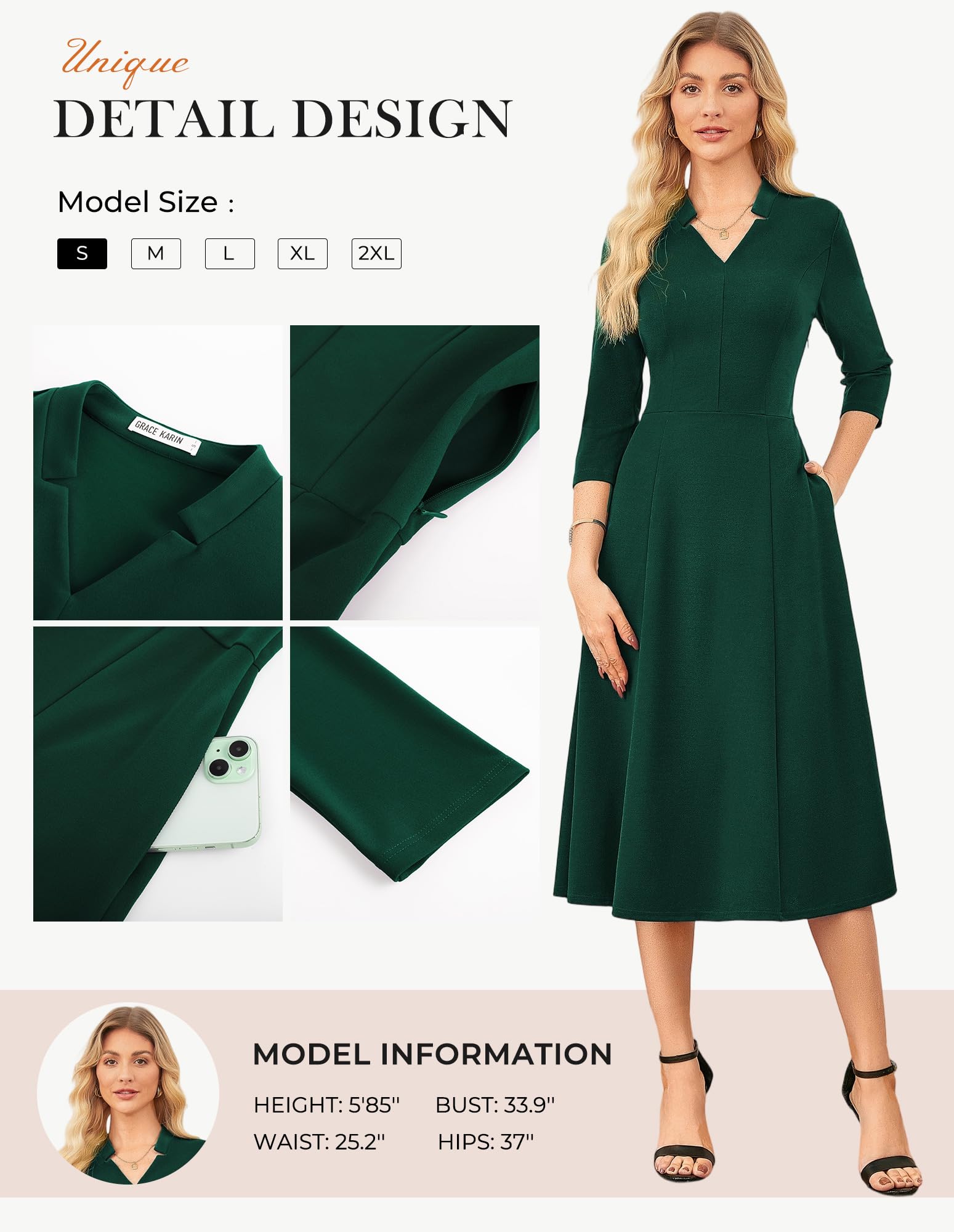 GRACE KARIN Dark Green Gress,Semi Formal Wedding Guest Dresses,3/4 Sleeve Holiday Dress with Pocket S