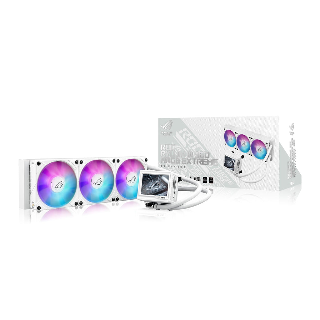 ASUS ROG RYUJIN III 360 ARGB EXTREME White Edition all-in-one AIO CPU liquid cooler, AMD Ryzen 9000 & Intel® Core™ Ultra Ready, Asetek Gen8 V2 pump;high airflow static pressure magnetic fans; 3.5" LCD