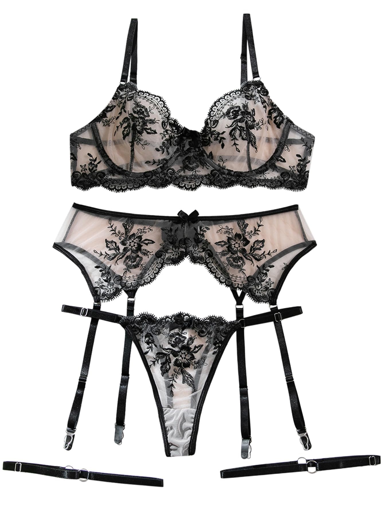 Lilosy Petite Sexy Floral Embroidery Mesh Sheer Underwire Push Up Garter Belt Lingerie Set Women See Through Bra Panty 3 Piece Black 3X-Small
