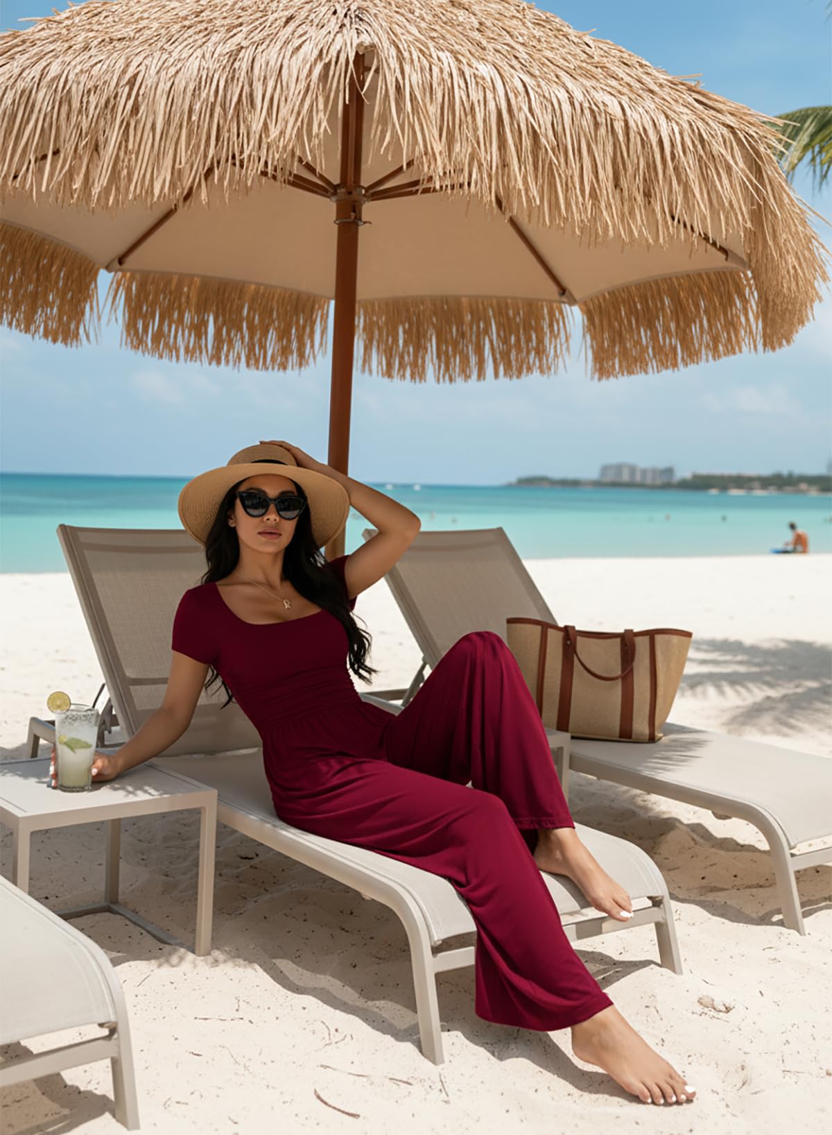 Acelitt One Piece Jumpsuits for Women Dressy Casual Short Sleeve Squared Neck Wide Leg Rompers Jumpers with Pockets Vacation Summer Outfits Brown Large