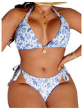 WDIRARA Women's Plus Size 2 Piece Swimsuit Starfish Print Halter String Bikini Set Tie Side Bathing Suits Blue and White XX-Large Plus