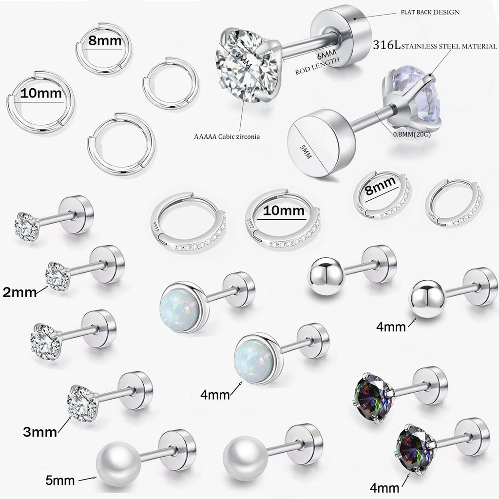 Hypoallergenic Flat Back Earring Sets for Multiple Piercing Sterling Silver Small Huggie Hoop Earrings for Women Surgical Stainless Steel FlatBack Silver Stud Earrings Trendy Cartilage Earring Stacks
