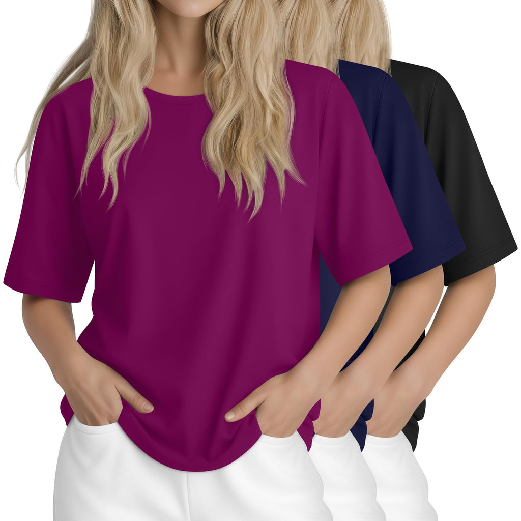 Huukeay 3 Pcs Women's Half Sleeve Crew Neck T Shirts, 3-Color, XXL