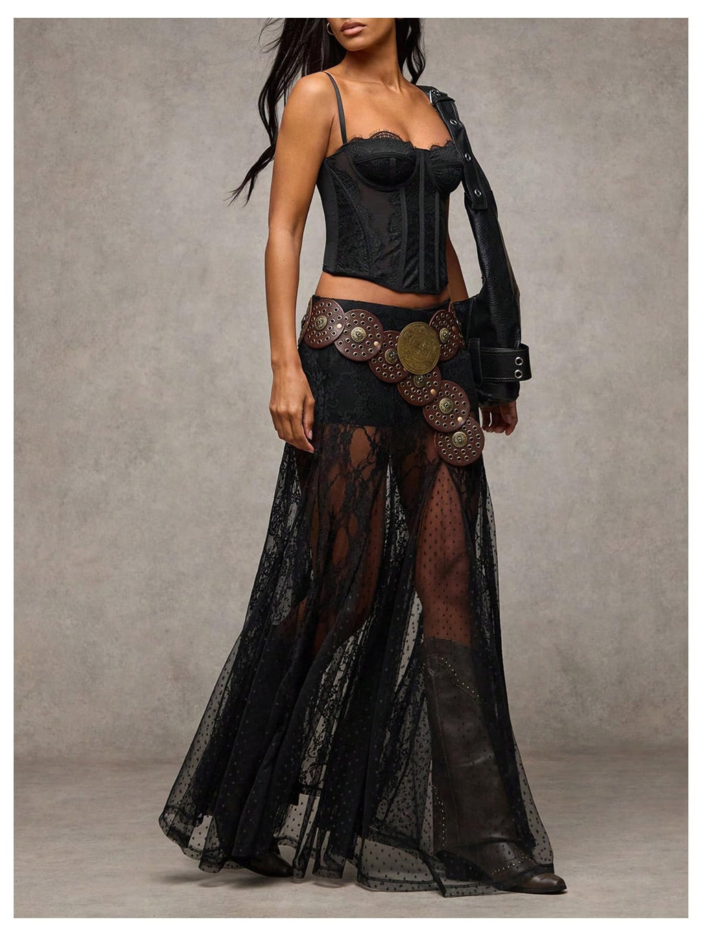 WDIRARA Women's Sexy See Through Sheer Lace Maxi Skirt Low Waist Ruffle Hem A Line Flowy Skirt Black Medium