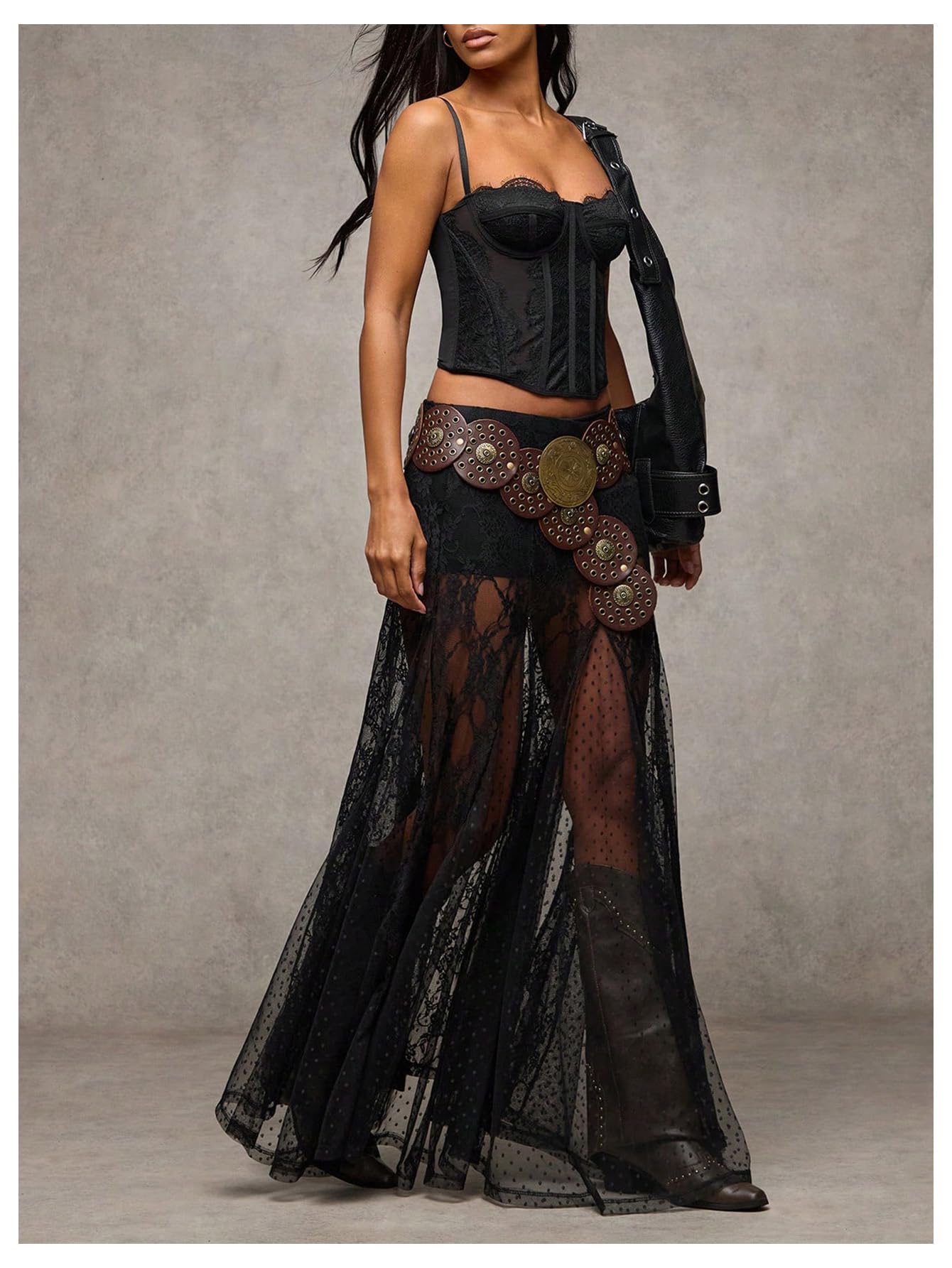 WDIRARA Women's Sexy See Through Sheer Lace Maxi Skirt Low Waist Ruffle Hem A Line Flowy Skirt Black Small