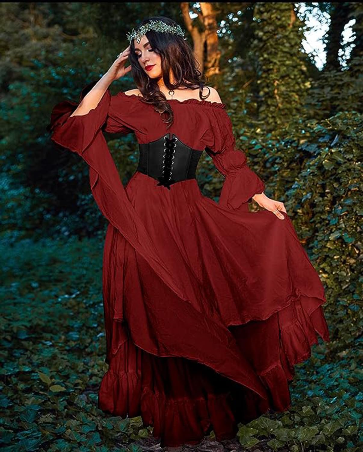 BITSEACOCO Women Medieval Victorian Off Shoulder Dress, Gothic Puff Sleeve Irish Chemise Dresses, Renaissance Costume High Low Long Skirts (S, Wine Red)