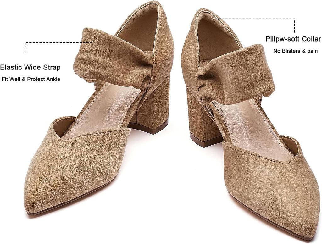 SONALOONG Block Heels for Women Comfortable Strap Closed Pointed Toe Heel Women's Low Chunky Pumps Beige