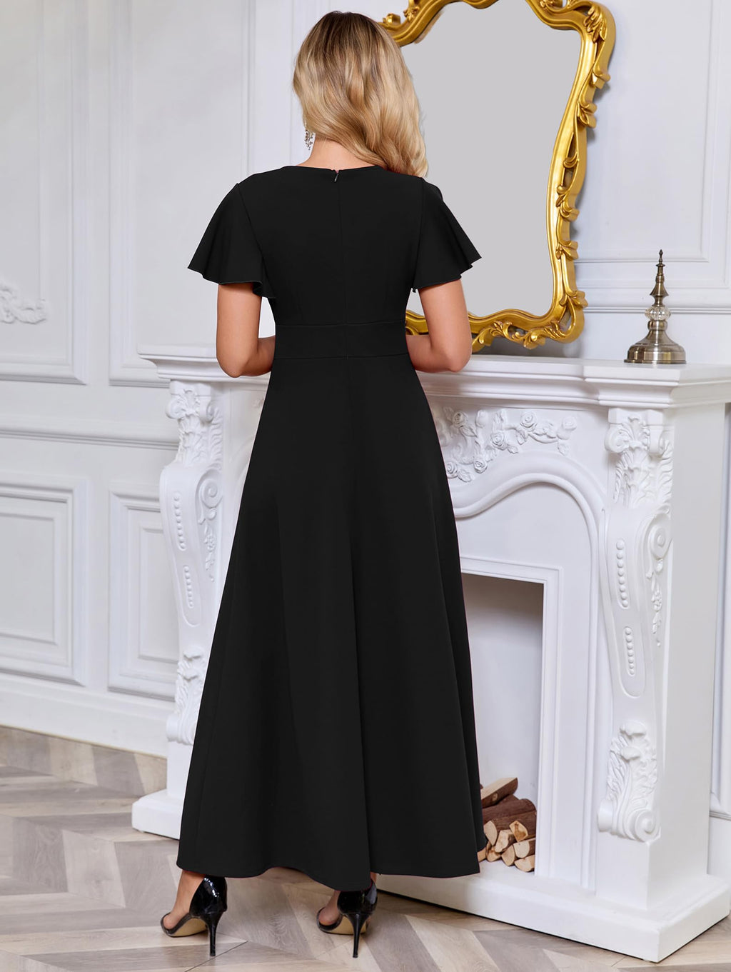 TVVZOOZ Women’s A-Line Ruffle Maxi Wedding Guest Dresses Short Sleeve Formal Evening Gowns Black