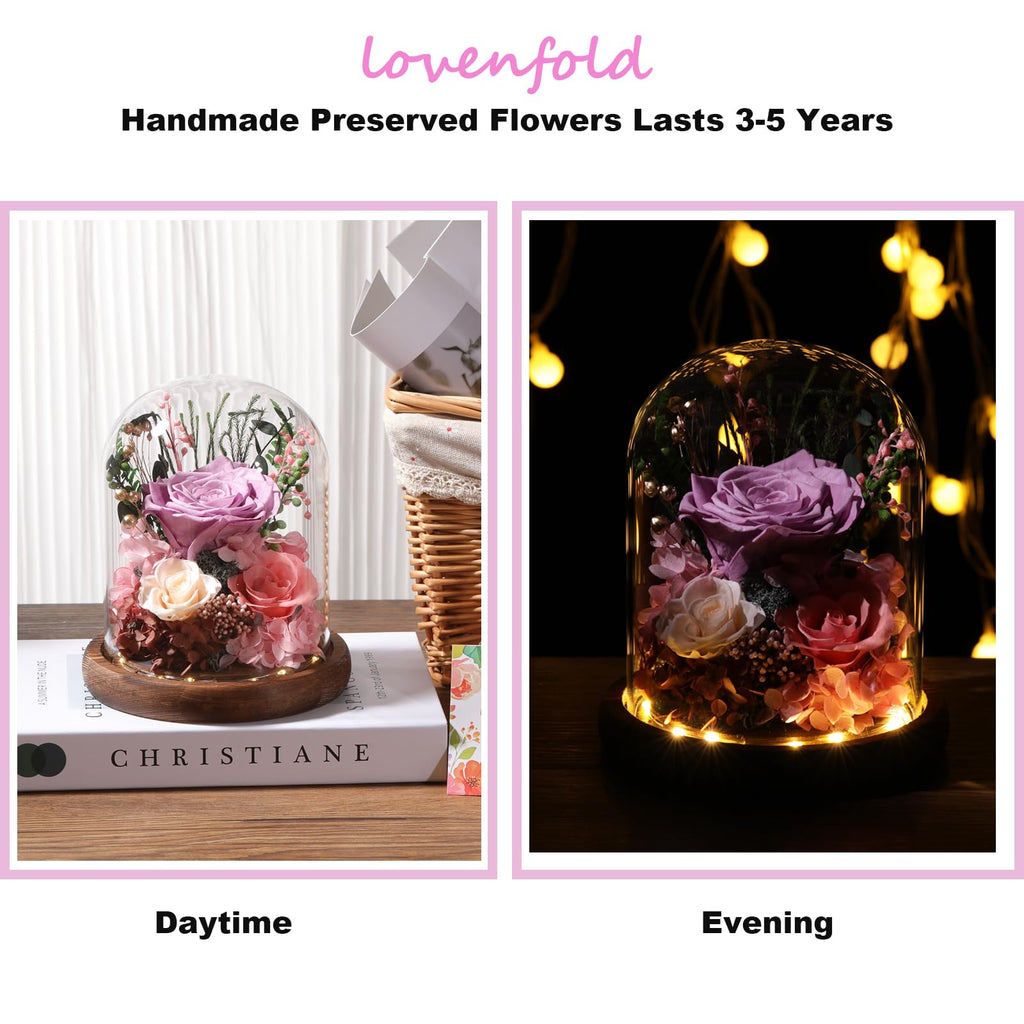 LOVENFOLD Flowers for Delivery Preserved Flowers lilac Roses with LED Light in a Glass Dome,Long Lasting Forever Flowers Birthday Gifts for Women Daughter Mom Wife Friend（lilac Rose）