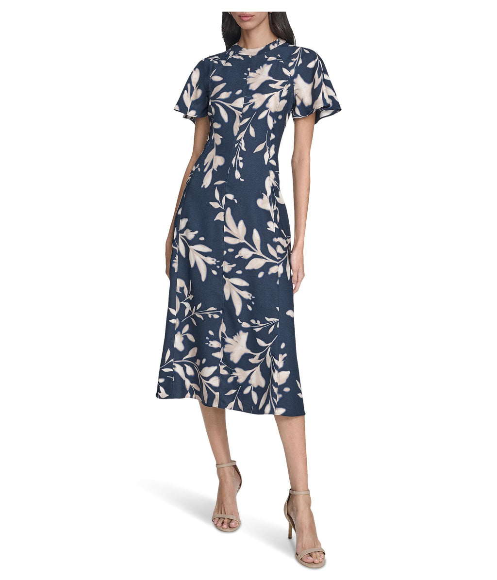 Calvin Klein Women's Flutter Sleeve Floral Midi Indigo Cashew 2
