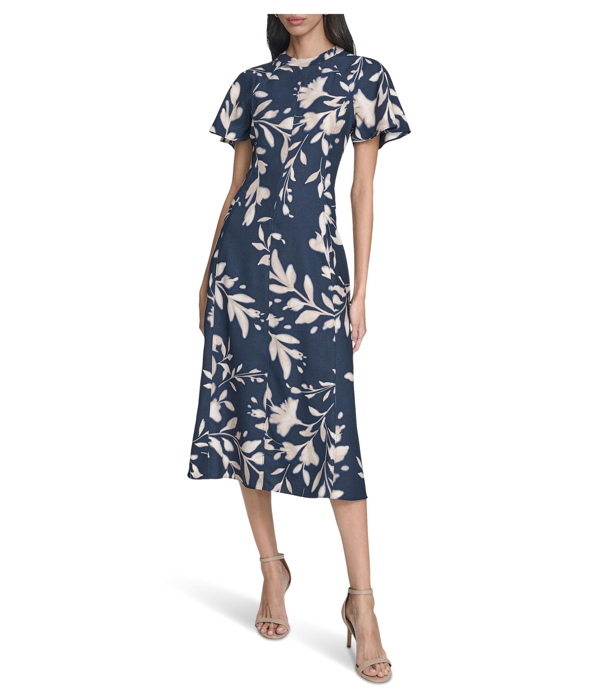 Calvin Klein Women's Flutter Sleeve Floral Midi Indigo Cashew 2