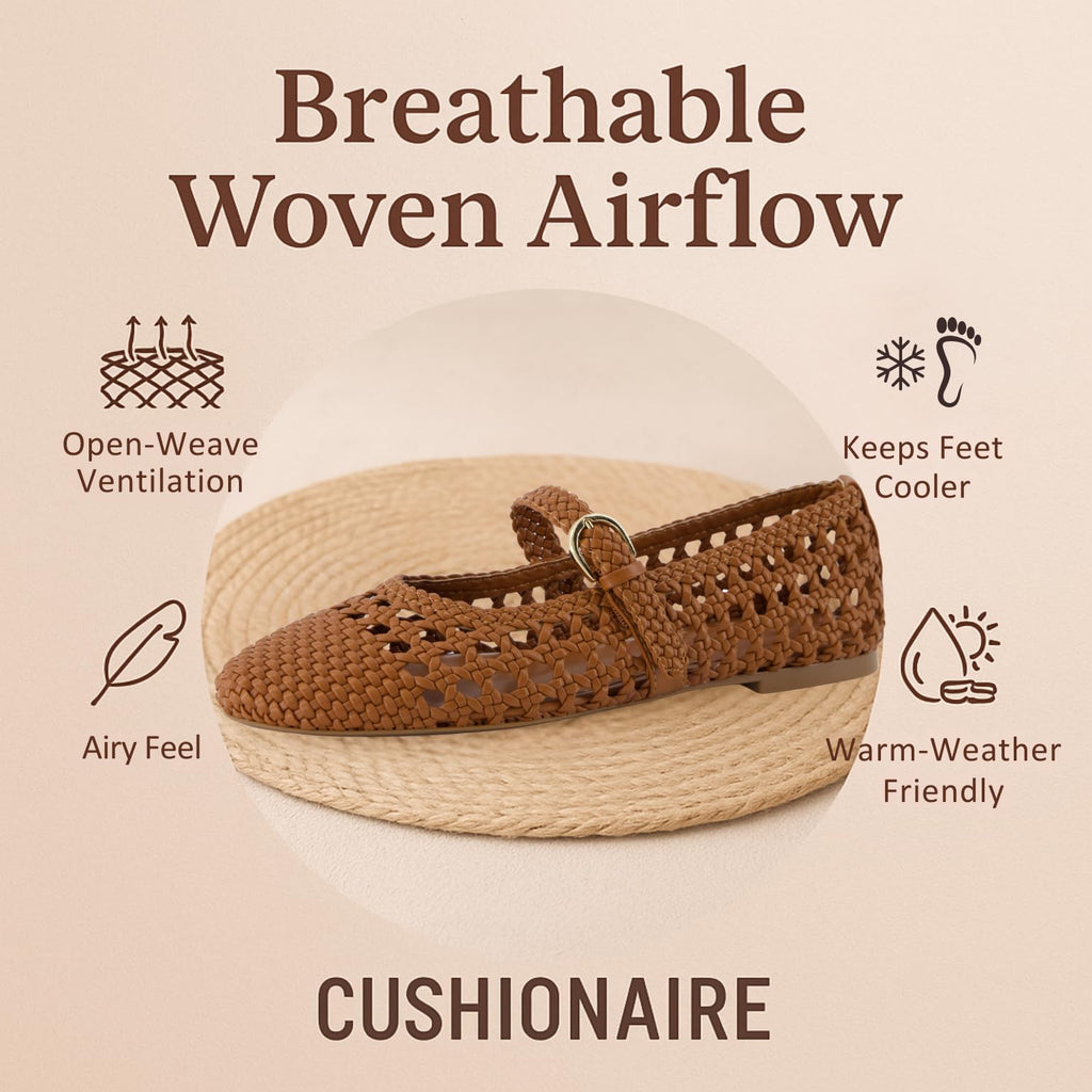 CUSHIONAIRE Windsor Woven Womens Flats with Adjustable Strap – Comfortable Mary Jane Ballet Flats for Women, Cognac 8.5