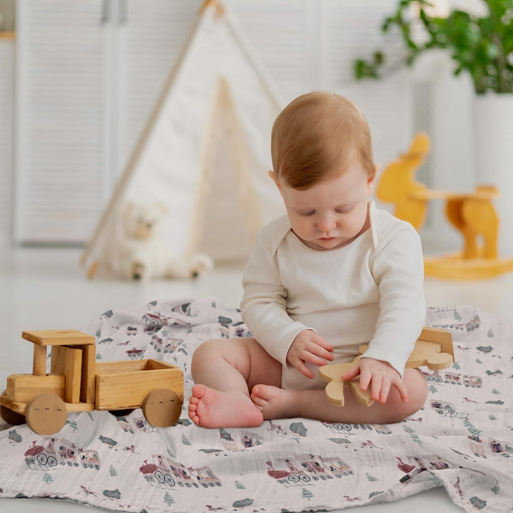GLLQUEN BABY Receiving Blanket Boy Cotton Muslin Swaddle Blankets Girl Newborn Squares Breathable & Soft Thin Baby Blankets Cloths Double Absorbent Infant Swaddling Wrap - 6 Pack (Pine Tree & Train)