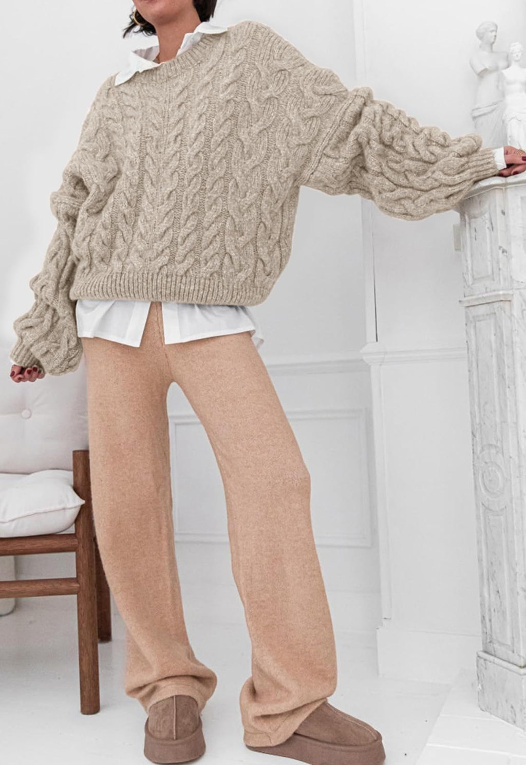 PRETTYGARDEN Womens Sweaters Fall 2026 Cable Knit Long Sleeve Crewneck Oversized Sweater Chunky Pullover Loose Outfits (Khaki, X-Large)