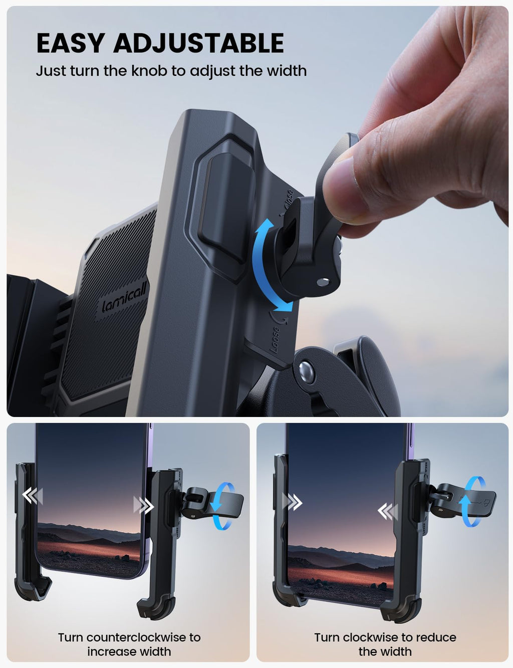 Lamicall Motorcycle Phone Mount Holder - [Camera Friendly] [1s Lock] Bike Phone Holder Handlebar Clamp, Bicycle Scooter Phone Clip, for iPhone Air, 17, 16, 15 Pro Max, Galaxy S25 Ultra, 4.7-7" Phones