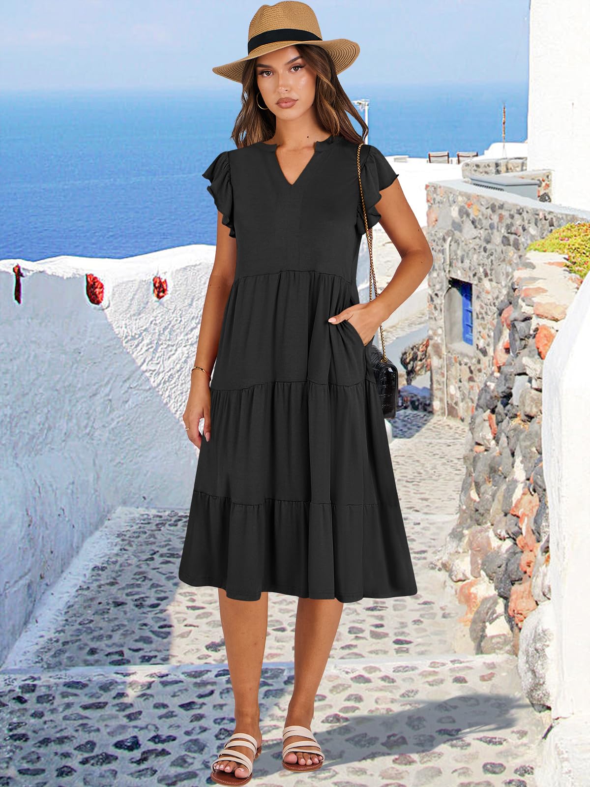 ANRABESS Womens Summer Dress Ruffle Sleeve V Neck Midi Dresses Fashion Casual Fit Flowy Tiered Boho Beach Vacation Sundress Black-M