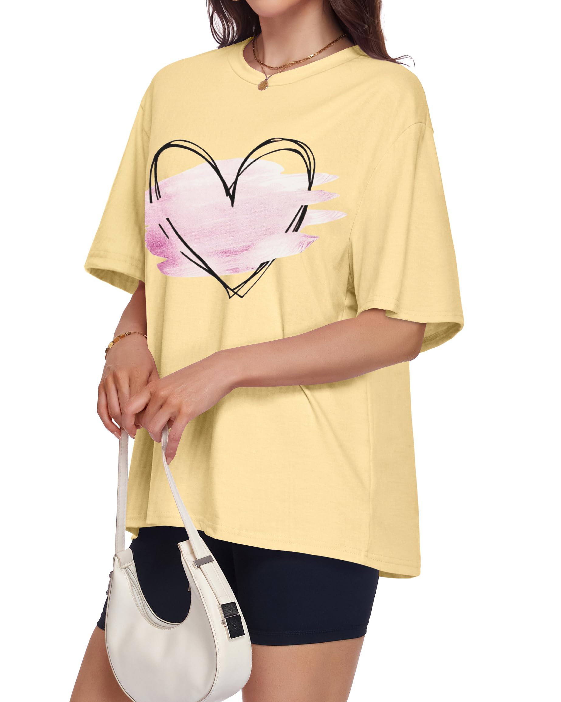 ADOREJOY Oversized Tshirts for Women Crewneck Summer Graphic Tees Short Sleeve Loose Basic Tops, Khaki Pink Heart, L