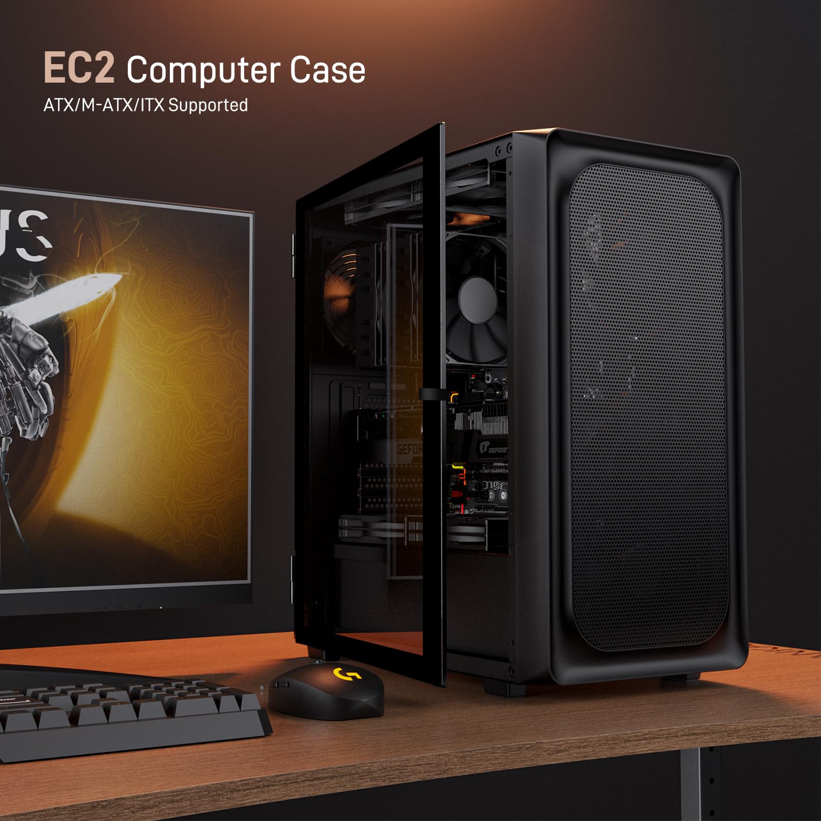 DARKROCK EC2 Black ATX Mid Tower PC Case, Type-C Ready, Supports 50 Series Graphics Cards, Tempered Glass Side Panel, up to 8 x 120mm Cooling Fans & 1 x 360mm Radiator, 1 x Pre-Installed Fan