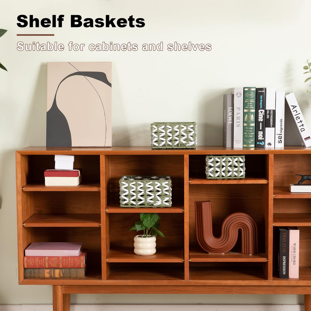 OIAHOMY Storage Baskets Paper Rope Shelf Baskets, Handwoven Small Wicker Bins for Home, Set of 3-Green & White