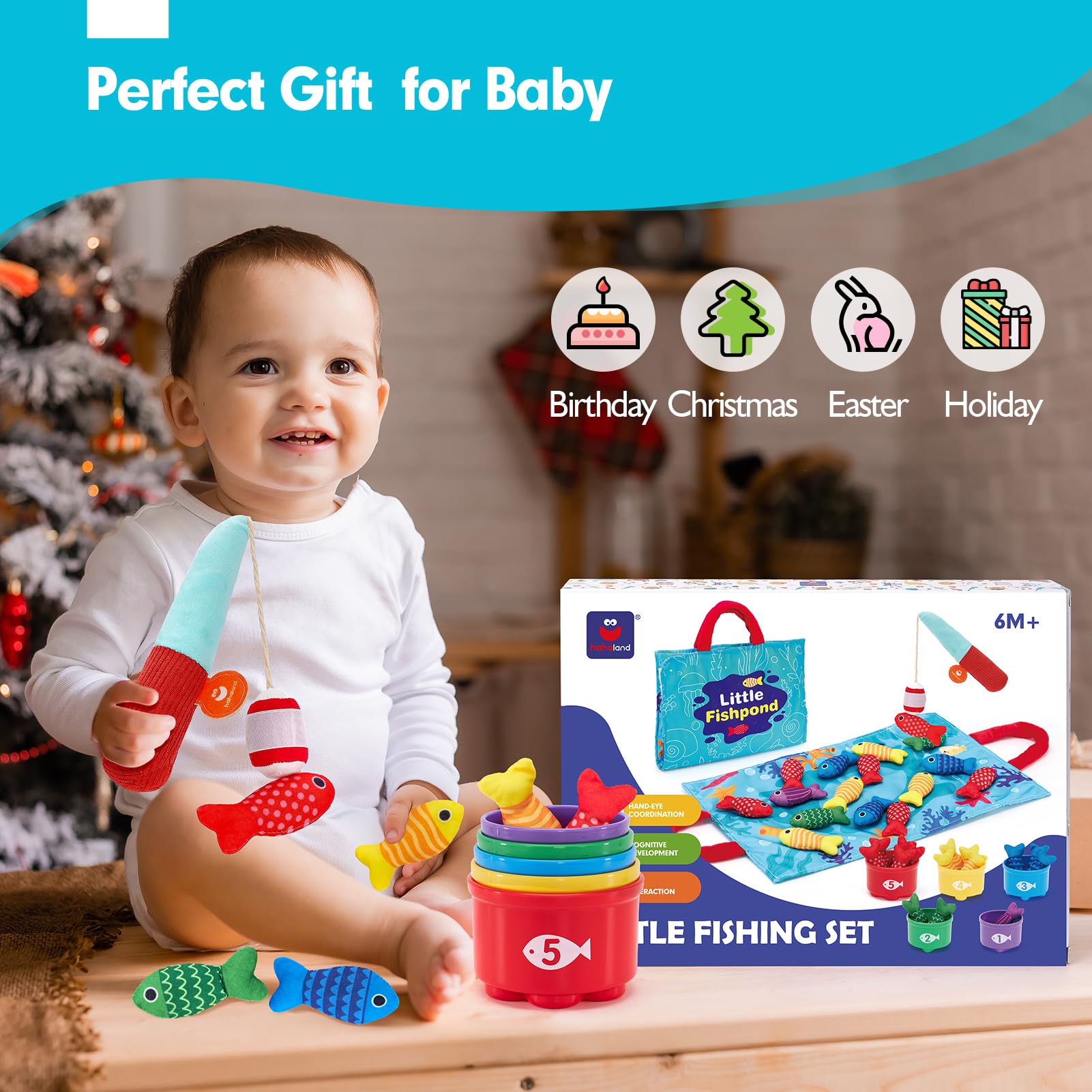 hahaland Montessori Toys for 1 Year Old Boy Girl Birthday Gift - 10 in 1 Cloth Fishing Game Valentines Day Gifts for Toddler Toys 1-3 with Stacking Cups - Number Counting, Color Sorting Learning