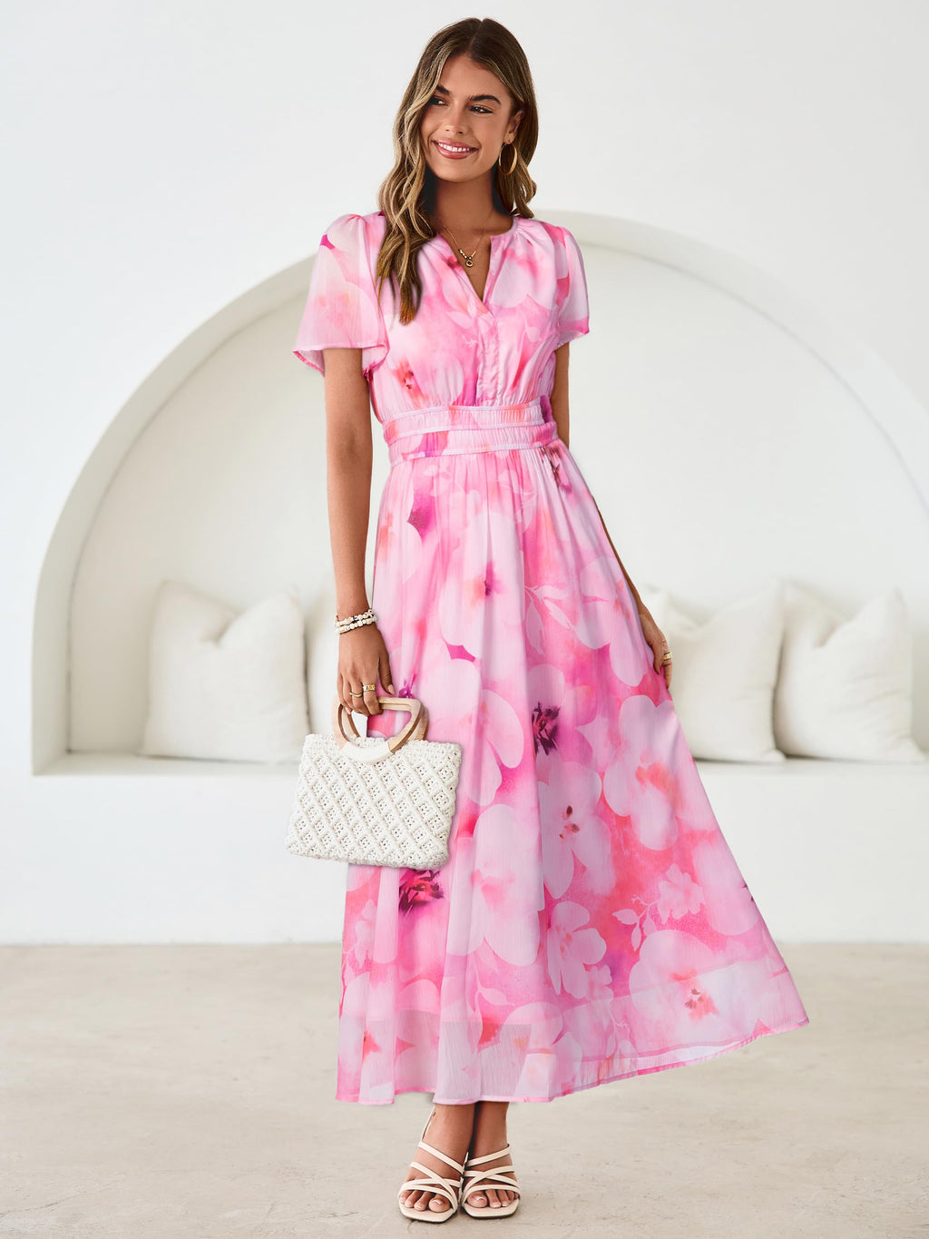 Simplee Women Floral Summer Maxi Dress Boho Flowy Casual Chiffon Short Sleeves V Neck Long Wedding Guest Dresses Pink White Floral M