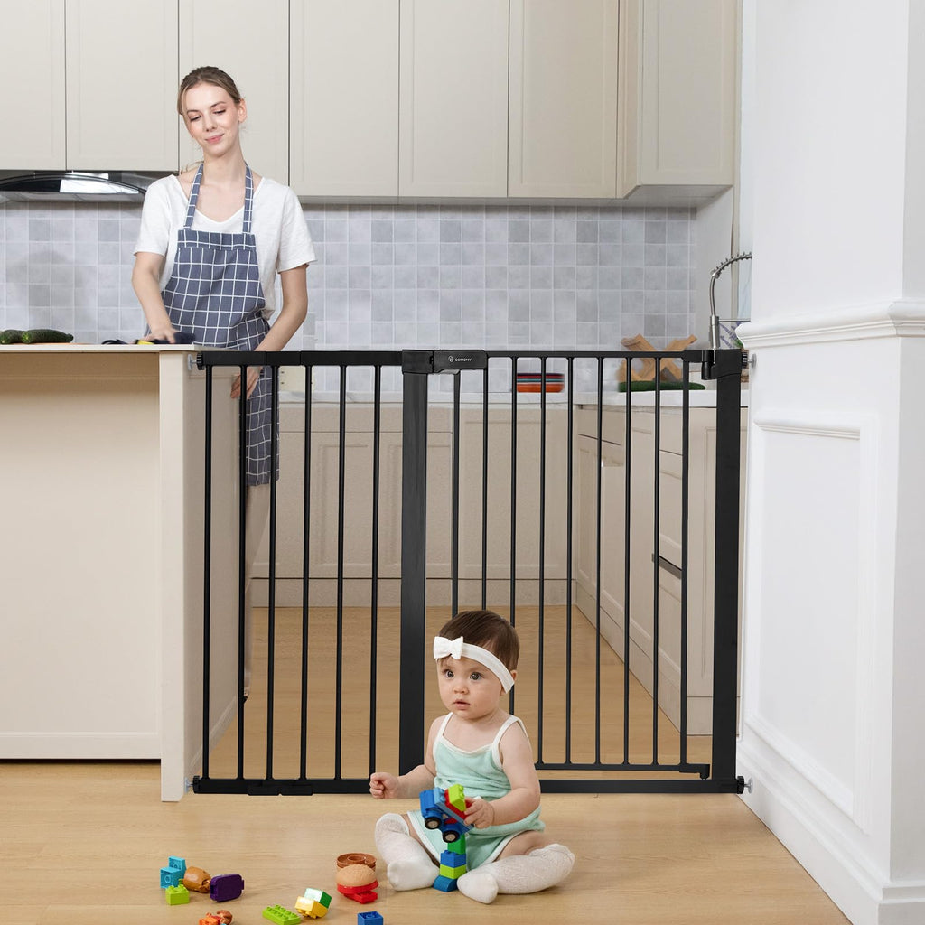 COMOMY 36" Extra Tall Baby Gate for Stairs and Doorways - Fits 29.5" to 48.8" Wide Openings, Auto Close Extra Wide Dog Gate for House, Pressure Mounted Easy Walk Through Pet With Door, Black