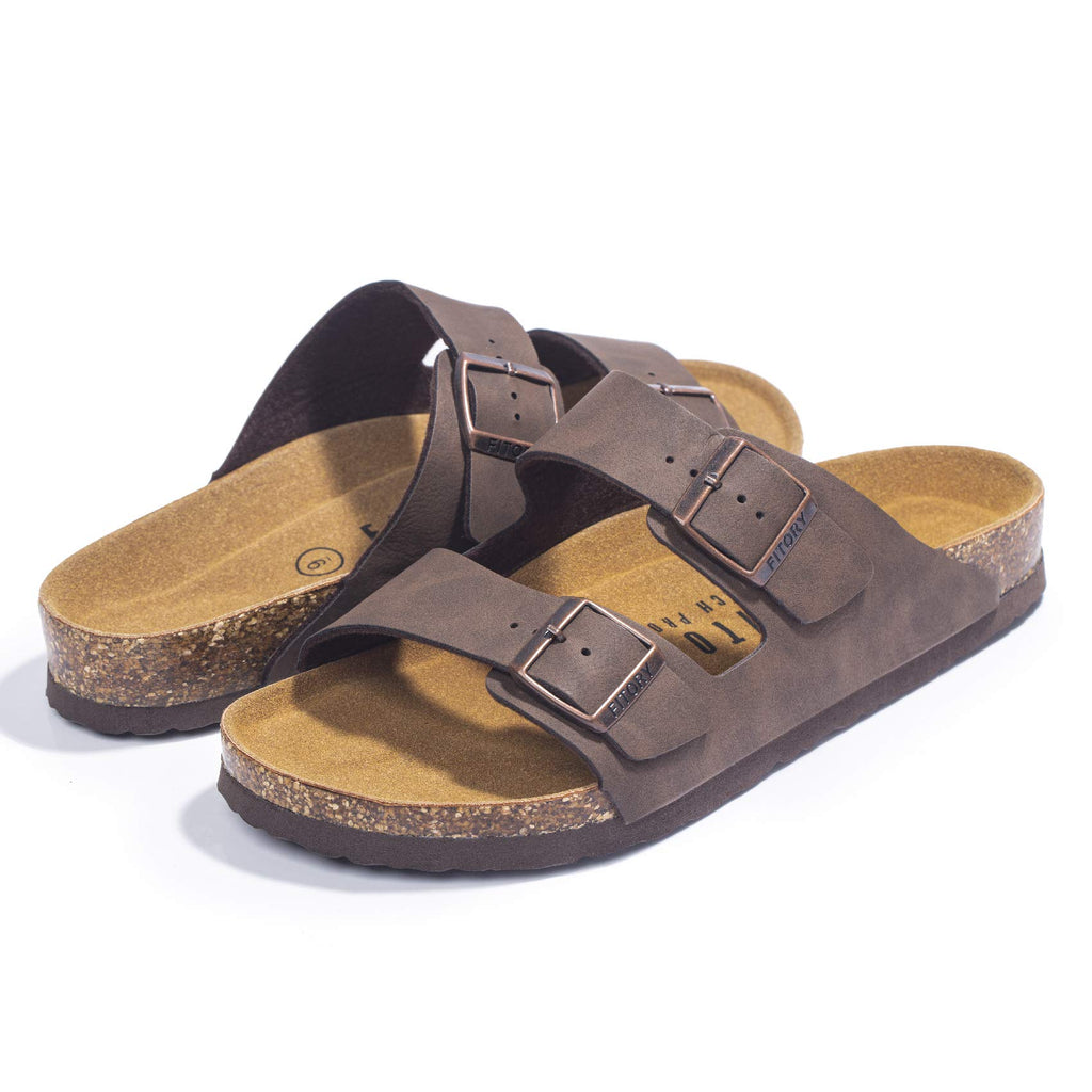 FITORY Mens Sandals, Arch Support Slides with Adjustable Buckle Straps and Cork Footbed Brown Size 10