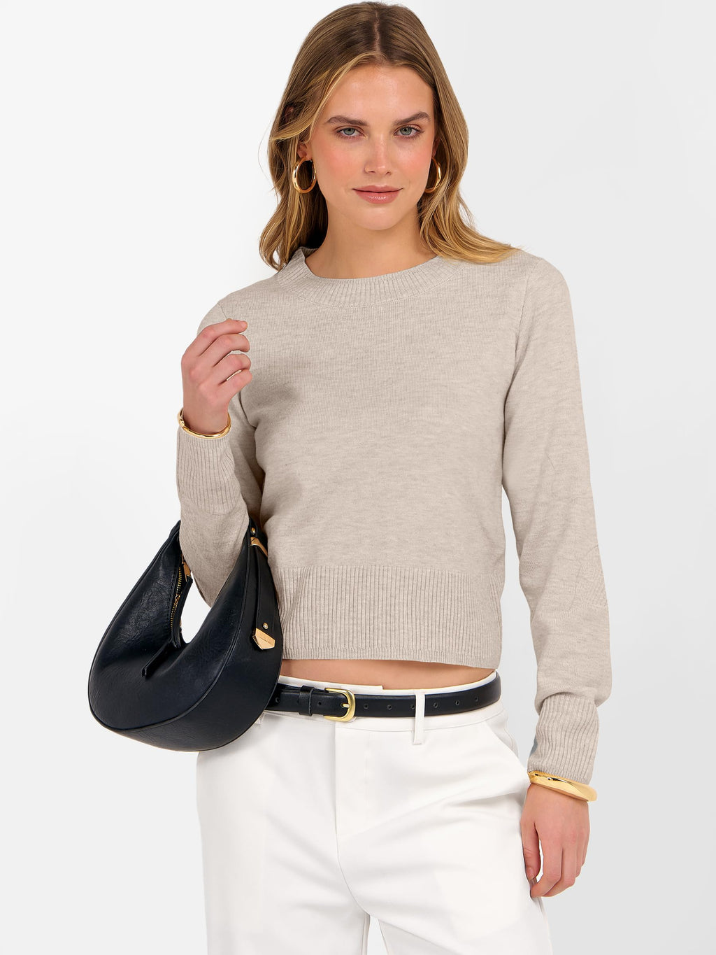 ANRABESS Women’s Long Sleeve Sweaters Cropped Crew Neck Business Casual Light Weight Sweater Tops Fall Fashion Clothes 2025 Light Almond S