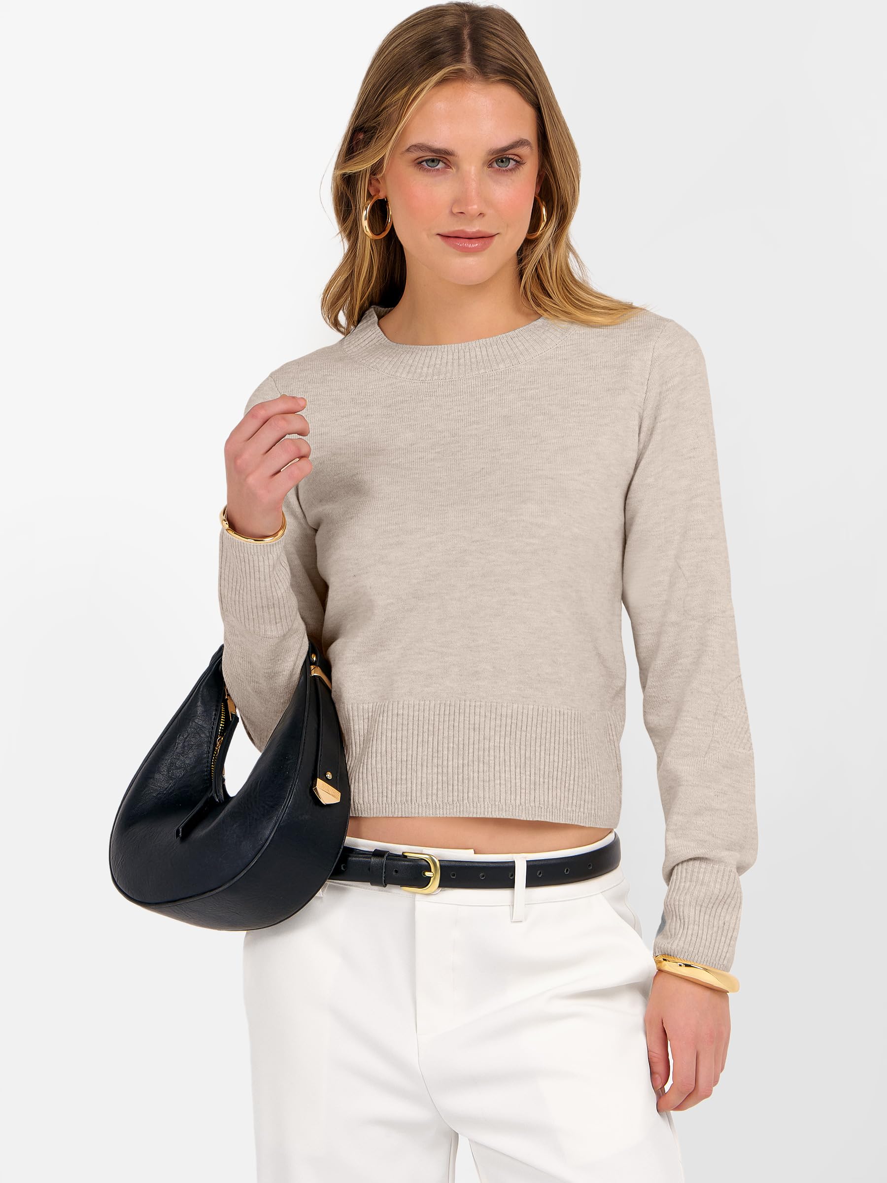 ANRABESS Women’s Long Sleeve Sweaters Cropped Crew Neck Business Casual Light Weight Sweater Tops Fall Fashion Clothes 2025 Light Almond S