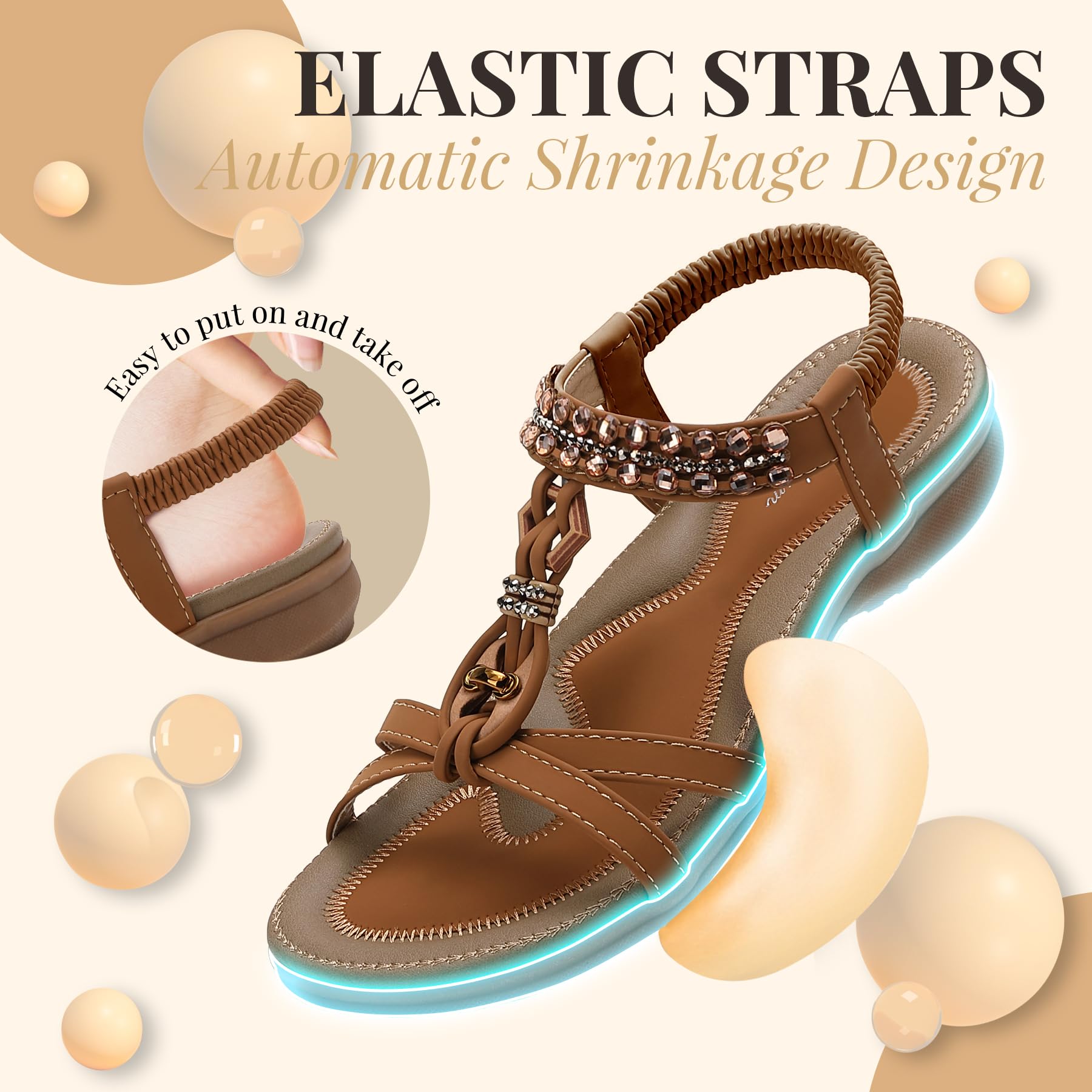 Littleplum Womens Sandals Arch Support Slingback Rhinestone Dressy Sandals Comfort Summer Shoes Ankle Strap Elastic Flats for Beach Walking Stylish Brown Size 8.5
