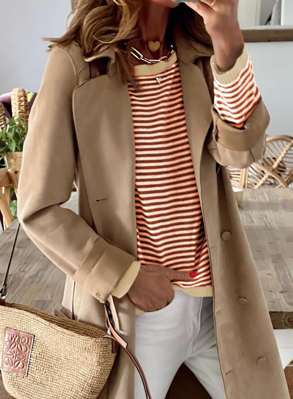 Dokotoo Women Cotton Sweaters Casual Crewneck Knitted Long Sleeve Shirts Autumn Trendy Striped Top Colorblock Pullover Sweater Jumper Fall Outfits Brown Medium