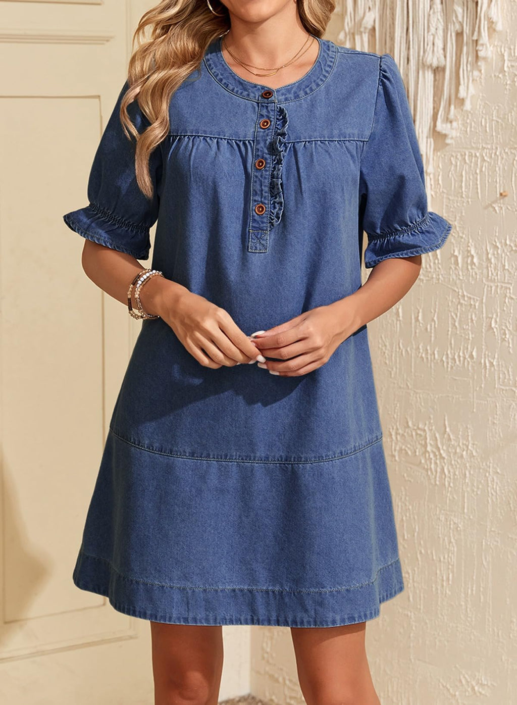 Dokotoo Dresses for Women Casual Summer Short Sleeve Babydoll Denim Dress Ladies Cute Crew Neck Button Front Fashion Mini Jean Dresses Outfits Dark Blue Large