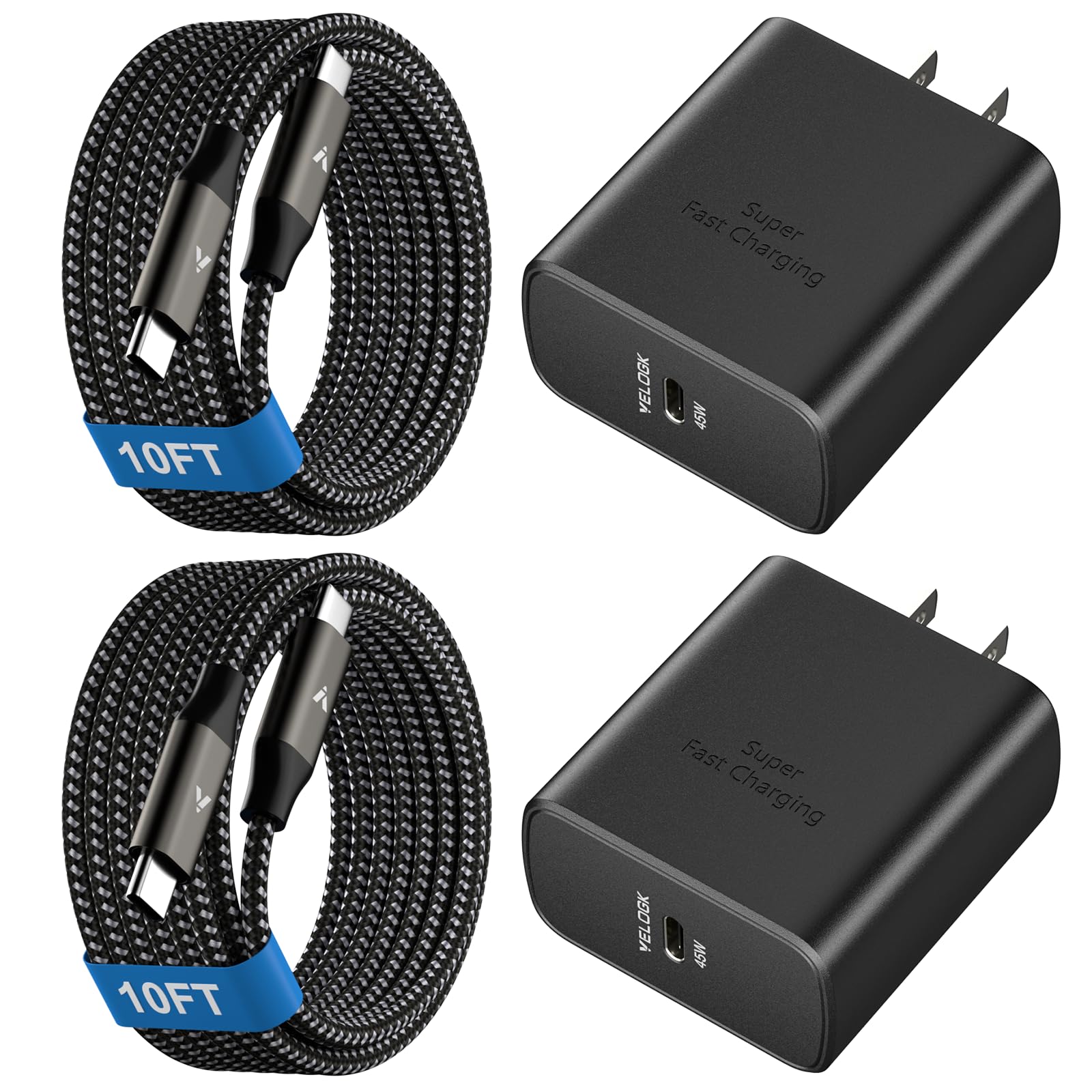 45W Super Fast Charger USB C, 45 Watt Type-C Android Phone Charger Fast Charging Block with 10FT Type C Cords for Samsung Galaxy S25 Ultra/S24 Ultra/S24+/S23 Ultra/S23+/S22 Plus/S20, Tab S9/S8 Ultra