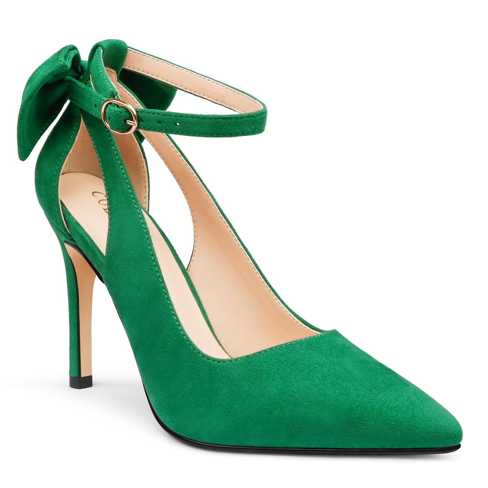 COLETER Womens Bow Knot High Heels Pointed Toe Stiletto Ankle Strap D'Orsay Pumps Bow Evening Dress Shoes Suede Green 8.5US